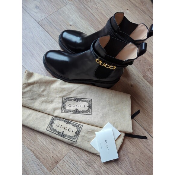 Gucci Trip Signature Logo Leather Chelsea Combat Ankle Heeled Boots Womens 38 - Picture 7 of 16